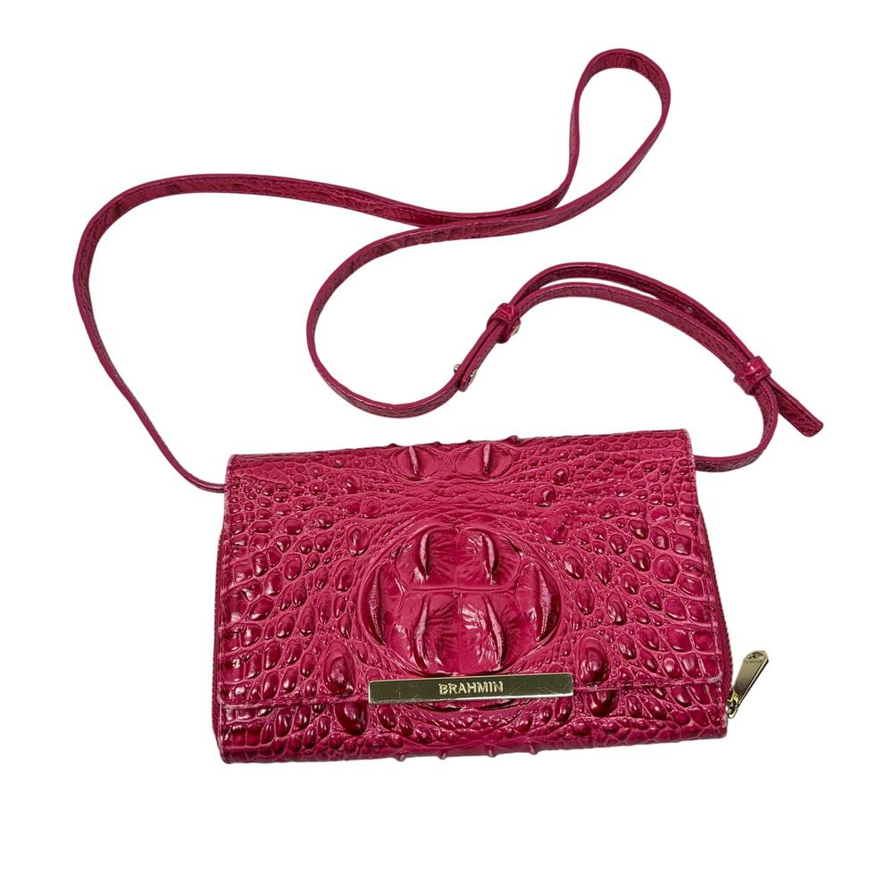 Brahmin Phlox Pink Minuette crocodile crossbody purse mild wear. flap zip pocket